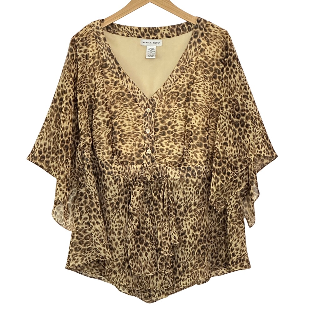 Newport News Womens Top 16W Sheer Leopard Print Kimono Sleeve Flowy Glam Y2K